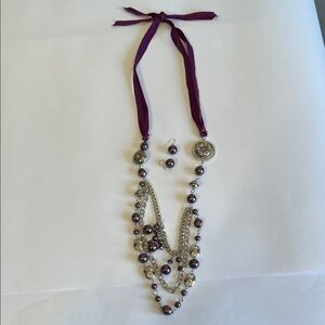Multi-Strand Purple Bead and Chain Necklace with Matching Earrings